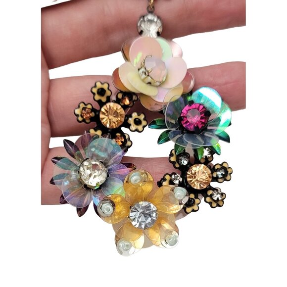 Floral, Plastics, Glass Bead, Sequin Artisan Post Drop Dangle Earrings - Picture 4 of 10